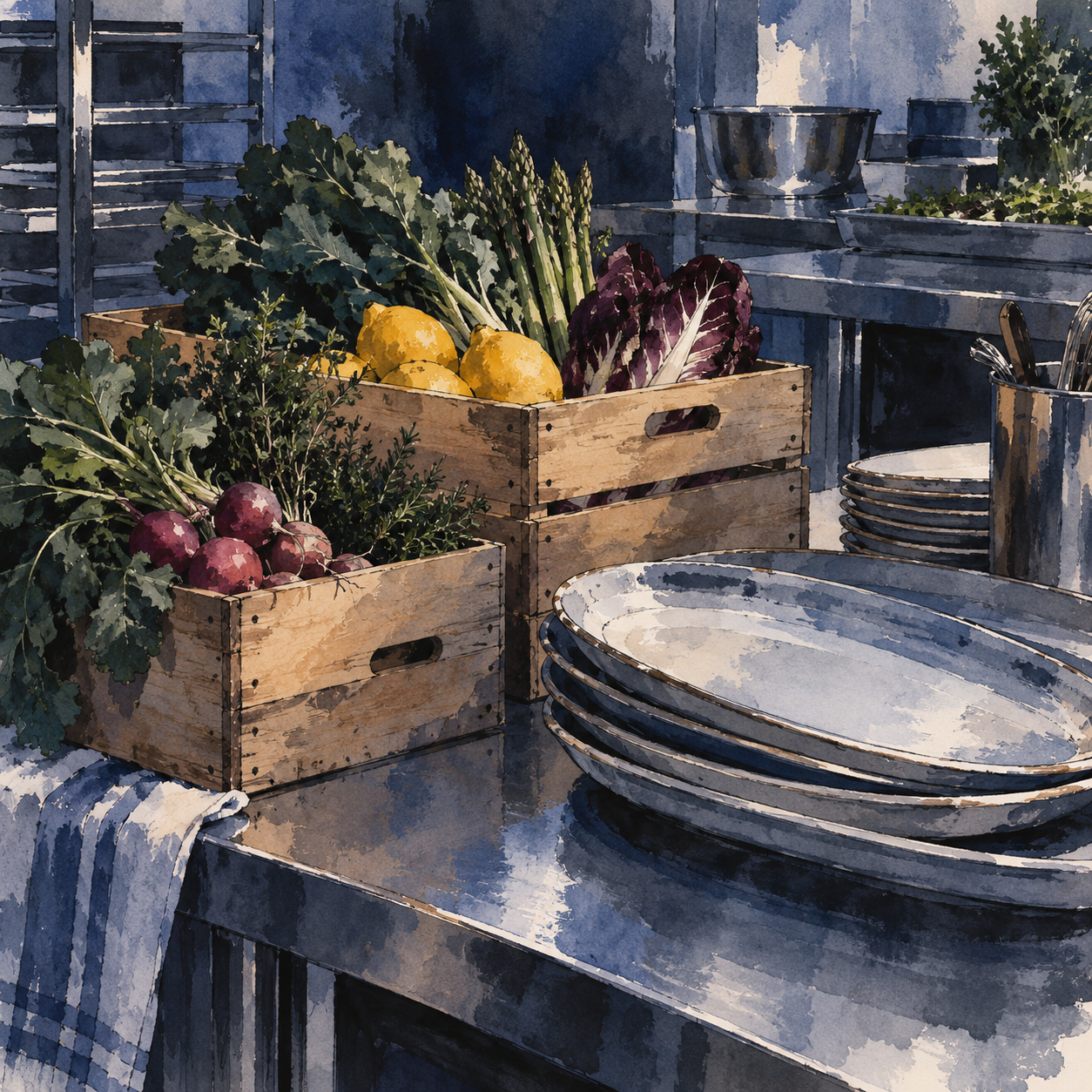 Illustration of catering preparation studio: ingredient crates, nested serving platters, stainless preparation tables