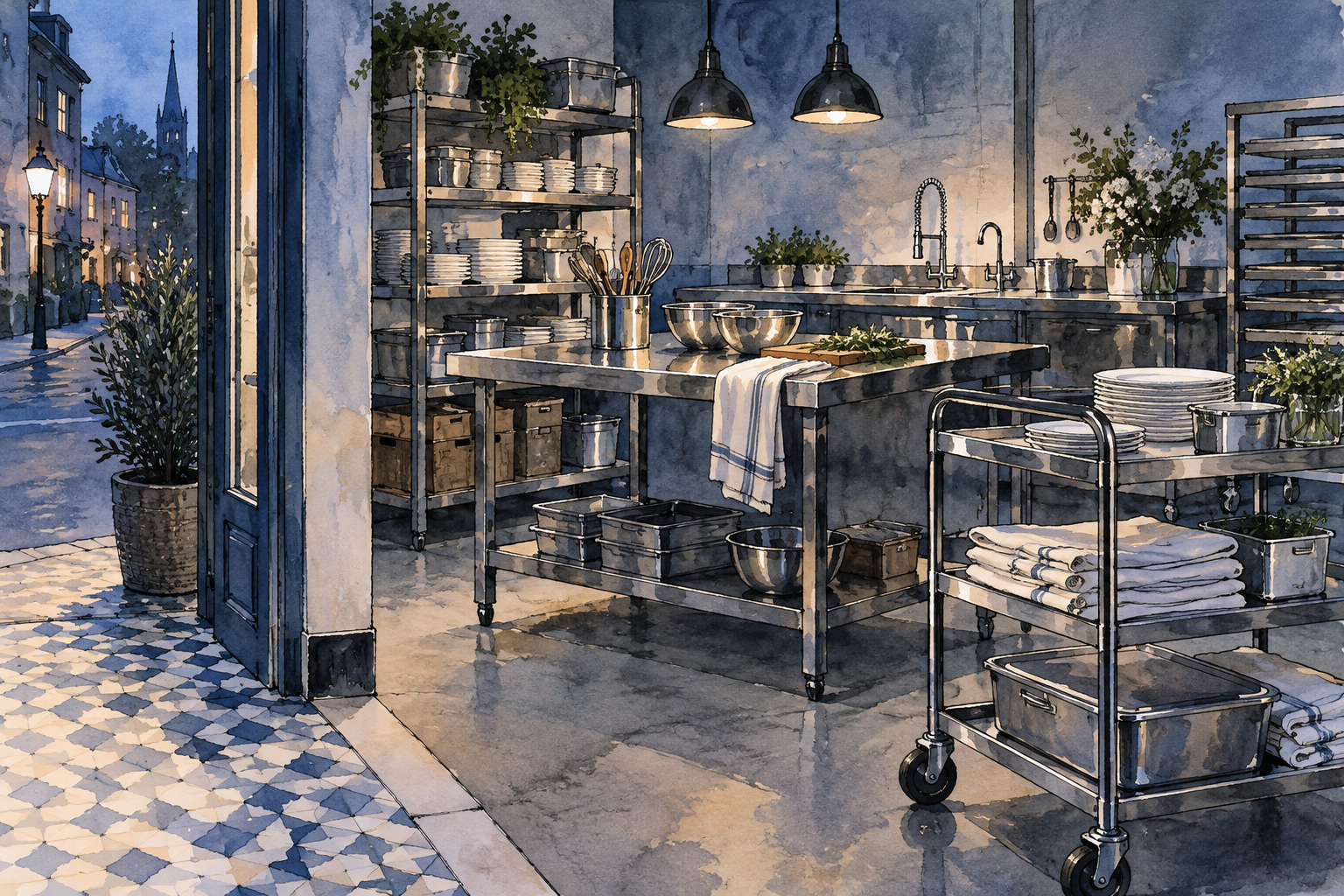 Illustration of catering preparation studio: stainless preparation tables, linen bundles, a wheeled service trolley