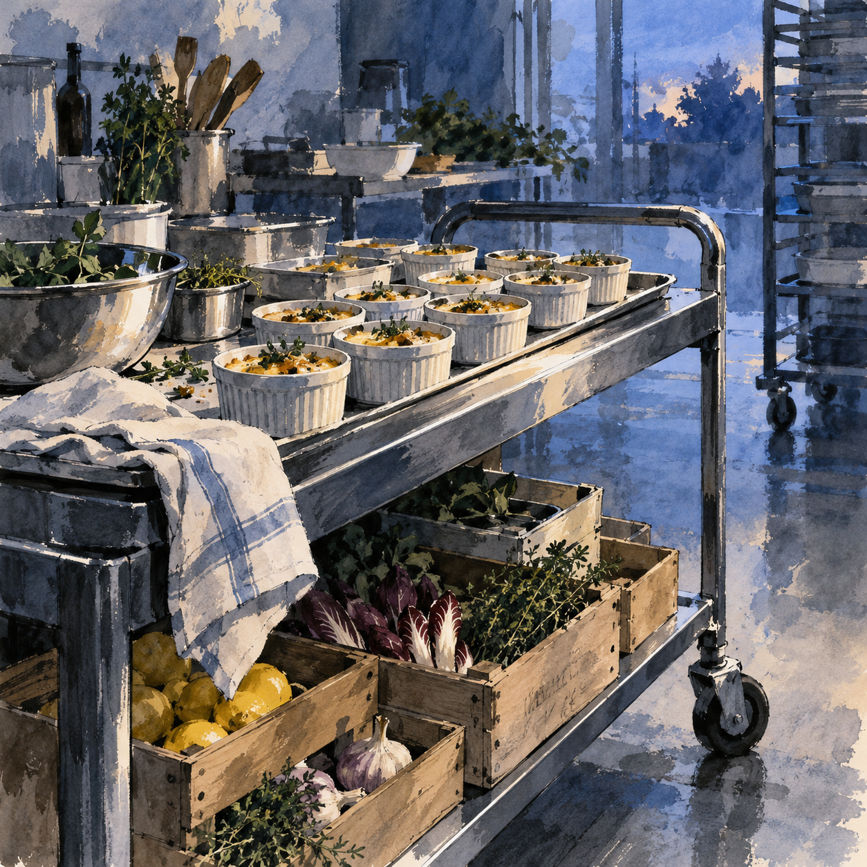 Illustration of catering preparation studio: a wheeled service trolley, ceramic ramekins, ingredient crates